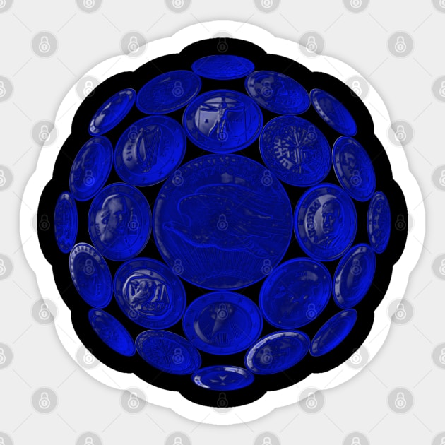 Blue USA Twenty Dollars Coin - Surrounded by other Coins on a Ball Sticker by The Black Panther